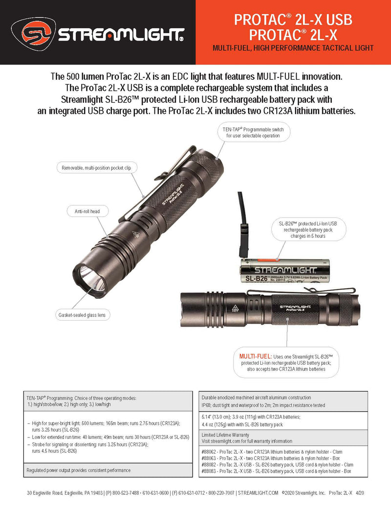 פנס טקטי רב שימושי נטען PROTAC 2L-X USB - FLASHLIGHT streamlight